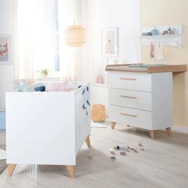 Chambre Bébé 2 Pièces Roba - Leon - Lit 60x120 Transformable + Commode À Langer Évolutive - Blanc - Chêne Othello
