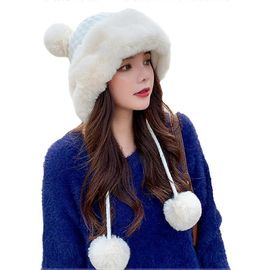 Bonnet Tricoté En Peluche Avec Pompons Et Ficelles, Joli Bonnet Chaud En Polaire Pour Les Activités De Plein Air Automne-Hiver