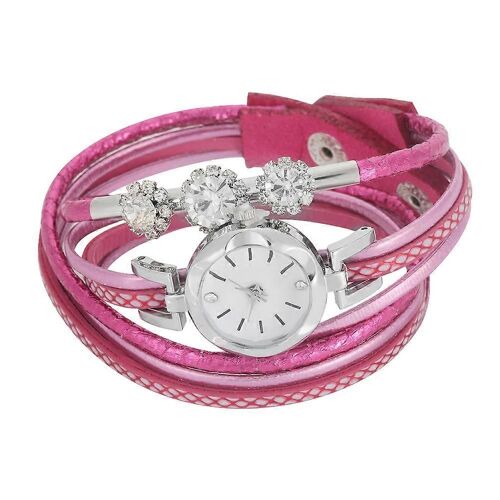 Montre-Bracelet À Quartz Pour Femme Avec Bracelet En Pu Et Strass (Rose Rouge)