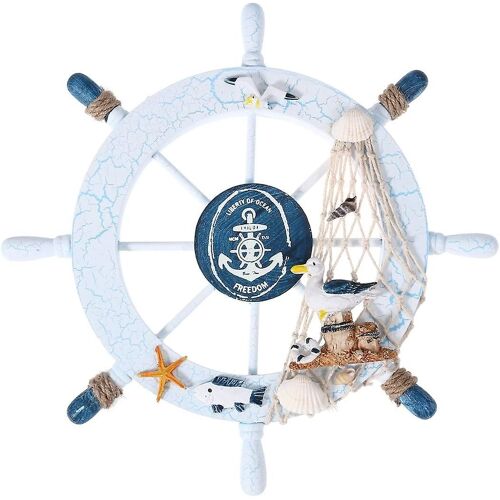 Décoration murale nautique en bois avec volant de bateau et oiseaux de mer