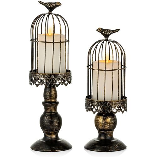 Bougeoir décoratif en forme de cage à oiseaux, style vintage, noir, lot de 2, en fer, style shabby chic