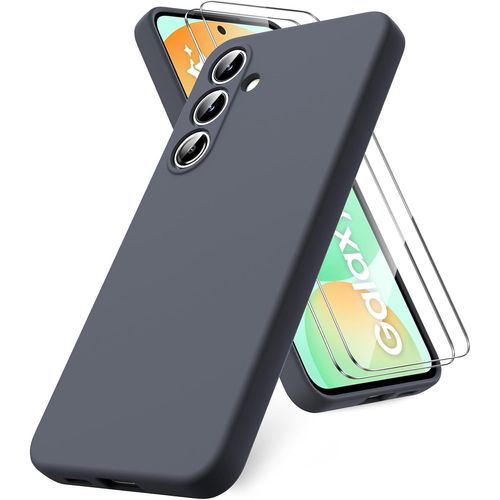 Coque Compatible Samsung Galaxy S24 Fe ¿ Lot 2 Protections Écran Verre Trempé, Silicone Liquide Ultra Douce, Antidérapante, Anti-Traces, Doublure Microfibre, Gris Foncé