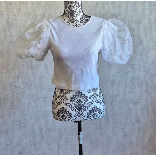 Zara T-Shirt Top Blanc Manches Courte Bouffantes En Dentelle Taille 36/S