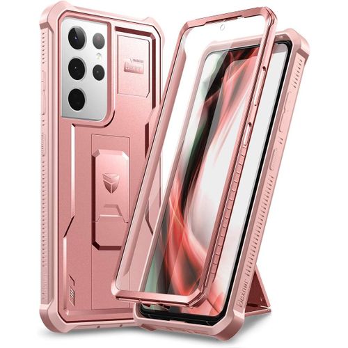 SJZG-Coque Pour Samsung Galaxy S21 Ultra 5G 6,8"" Avec Protecteur D'Écran Intégré Armure De Qualité Militaire Heavy Duty 360 Full Body Housse De Protection Antichoc Antichoc Avec Support - Or Rose