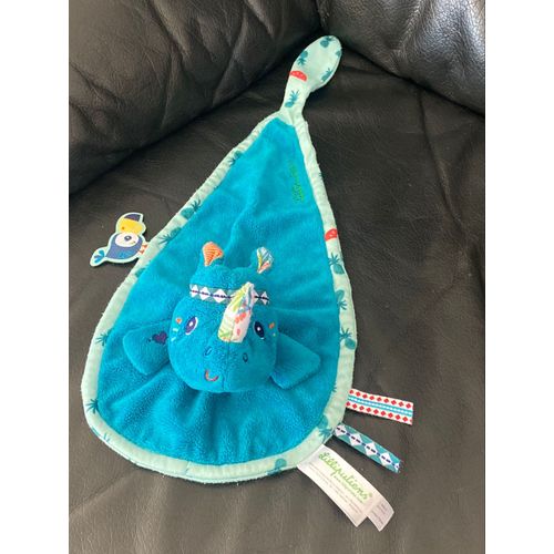 DOUDOU PLAT RHINOCÉROS BLEU VERT MARIUS LILLIPUTIENS 40CM