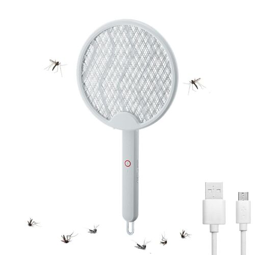 Electric Anti-Mosquito Racket 3000V USB Rechargeable, Purple Light Attracts Mosquitoes, Electric Insect Racket Piable for Indoor, Garden (White)