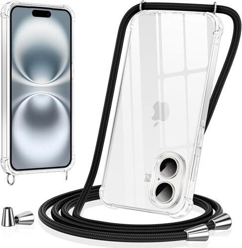 SJZG-Coque Pour Phone 17 Avec Cordon De Collier, Silicone Transparent Tpu+Pc Bumper Protection Étui Lanyard Avec Sangle Réglable Chaîne Case Pour Phone 17, Noir