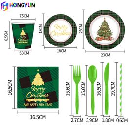 Ensemble Pour Fête De Noël Vaisselle Jetable Vert Tartan Décorations Pour Réunions D'Hôtel Gobelets Et Assiettes En Papier Ensemble De 8 Pièces Pour 10 Personnes