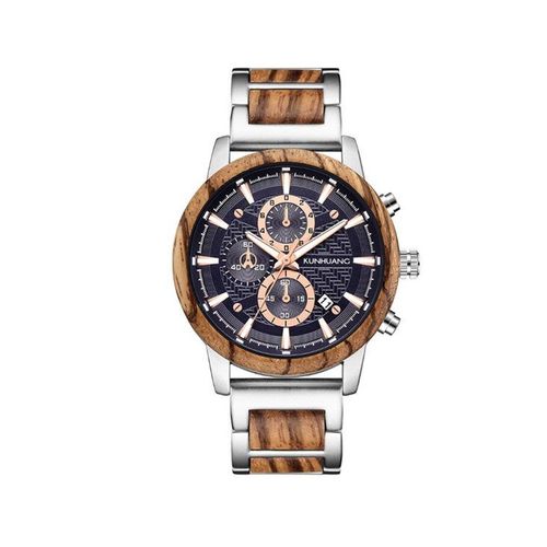 Montre À Quartz Pour Homme Avec Bracelet En Bois Et Calendrier, Étanche Jusqu'à 30 M, Cadran 45 Mm, Bracelet En Alliage