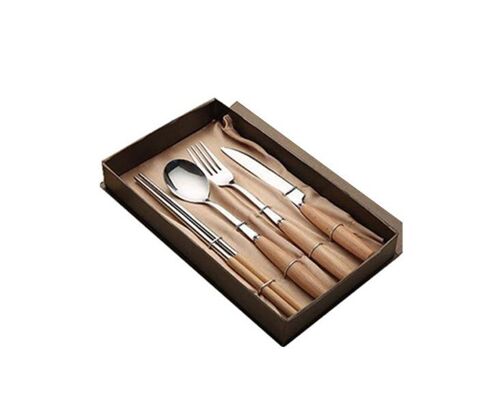Ensemble De Couverts En Acier Inoxydable Et Bois Pour Les Voyages Et L'extérieur