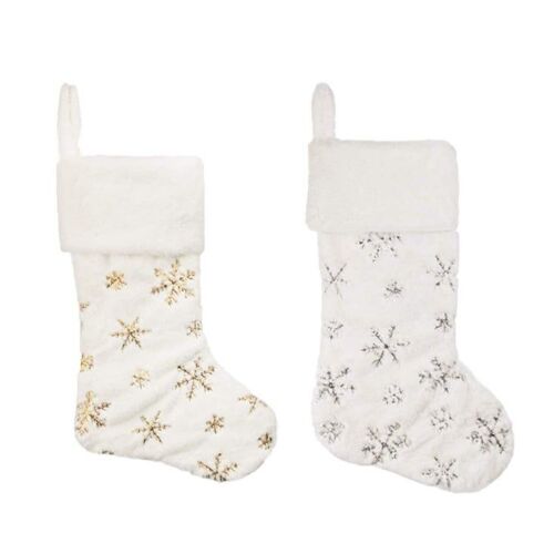 Grandes chaussettes de Noël en peluche avec flocons de neige - Décoration de Noël 2 pièces