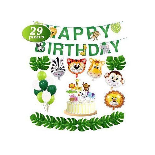 Kit de décorations de fête d'anniversaire sur le thème de la jungle, 29 pièces, avec ballons et décorations pour gâteaux