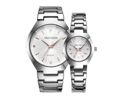 C53 Ensemble De 2 Montres Pour Couple Avec Cadran Blanc Et Bracelet En Acier Argenté