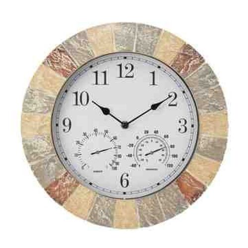 Horloge murale et thermomètre de jardin extérieur 15 pouces effet ardoise
