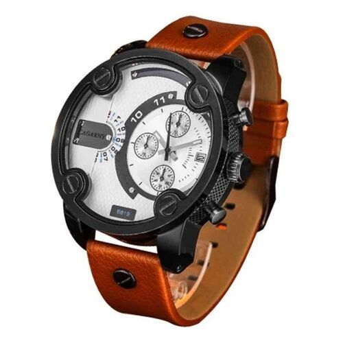 Montre Sport Pour Homme Avec Bracelet En Cuir Et Affichage Lumineux, Boîtier Noir, Mouvement À Quartz, Heure Gmt, Calendrier