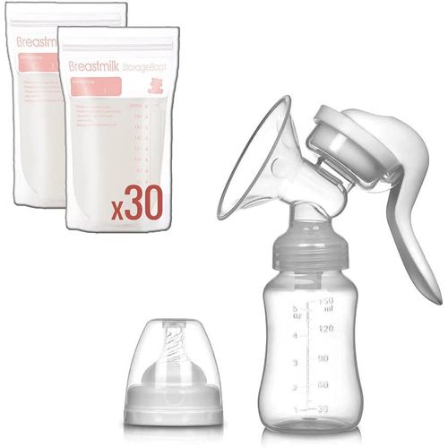 Kit Allaitement. Tire Lait Manuel (150 Ml) Fonction Biberon Anti-Colique + Tétine Tire Lait Portable + 30 Sachets Conservation Lait Maternel Stérilisés-Sachet Lait Maternel Congélation (200 Ml)