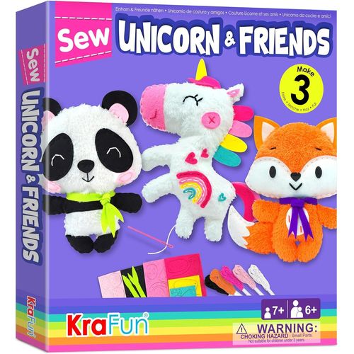 Kit de Couture Licorne pour Enfants 7-13 Ans,3 Poupées en Peluche (Panda,Renard,Licorne),Feutre,Instructions,Étiquettes Tissu,Jouet Éducatif
