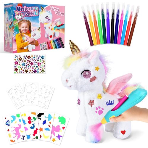KALANKA-Peluche Licorne Airbrush Cadeau Fille 5 6 7 8 9 10 Ans, Peluche Personnalisée avec Aérographe Electrique 12 Feutres et 30 Pochoirs, Kits de Loisirs Créatifs Licorne Anniversaire Noël