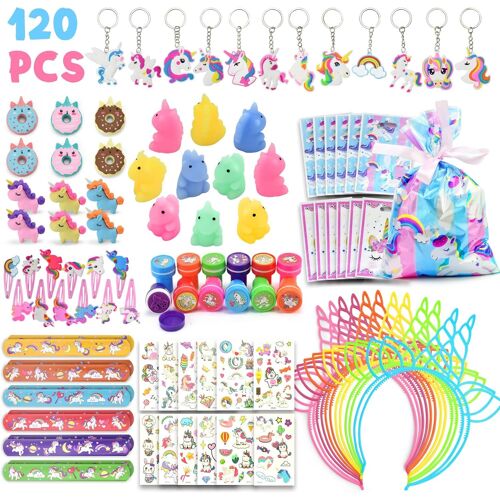 MEVRONISSHOP-120Pcs Kit Anniversaire Licorne Cadeau pour Fille, Bandeau Bracelets Porte Clés Sac de Fête, Pinata, Cadeaux Anniversaire Invités Enfant