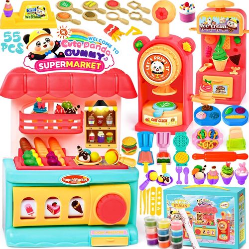 55 Pièces Pâte À Modeler pour Enfants avec 12PotsKit DIY GlacepourAccessoires Pate a Modeler et Créer des HamburgersSet de Jouets Panda Gummies Supermarché Cadeau de Jouet Enfan 2 Ans