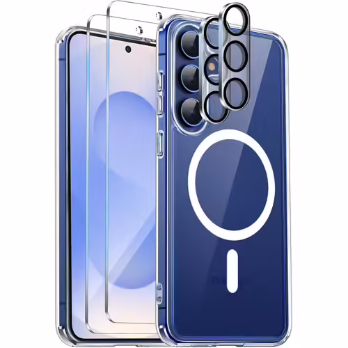 SJZG-Coque Magnétique Pour Samsung Galaxy S25+ Plus Avec 2 Verres Trempés Et 2 Caméra Protecteur, Étui Aimantée Magsafe [Anti-Jaune Et Antichoc] Anti-Rayures Dos Pc Et Bumper Tpu, Transparente