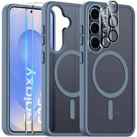 SJZG-Coque Magnétique Pour Samsung Galaxy S25 Avec 2 Pièces Verre Trempé Et 2 Caméra Protecteur, Étui Arrière Translucide Givrée Mince Antichoc Anti-Empreintes Digitales Housse, Mat Gris