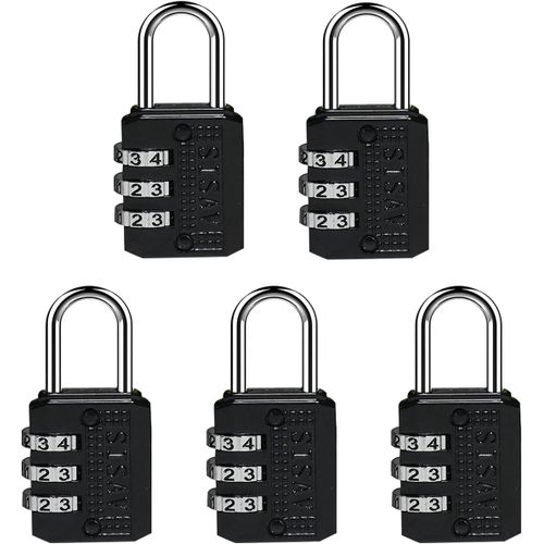KALANKA-Lot de 5 cadenas à combinaison à 3 chiffres, cadenas pour gym, extérieur, casier d'école, boîte à outils, sac à dos de voyage, moraillon (noir)