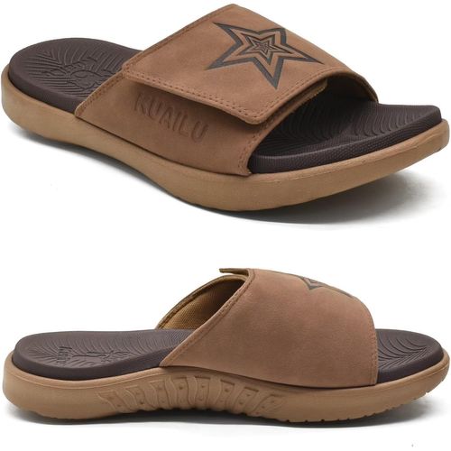 Kalanka-Claquette Hommes Sandales De Sport Pour Hommes Pantoufles Reglables En Cuir Soutien De La Voûte Plantaire Sandales À Bout Ouvert Chaussures De Plage Et Piscine D'été