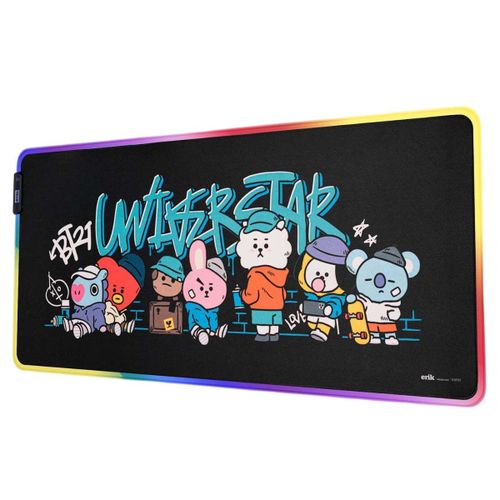 Tapis de Bureau Gaming pour Clavier et Souris XXL 90x40cm avec Éclairage LED Line Friends BT21 Noir