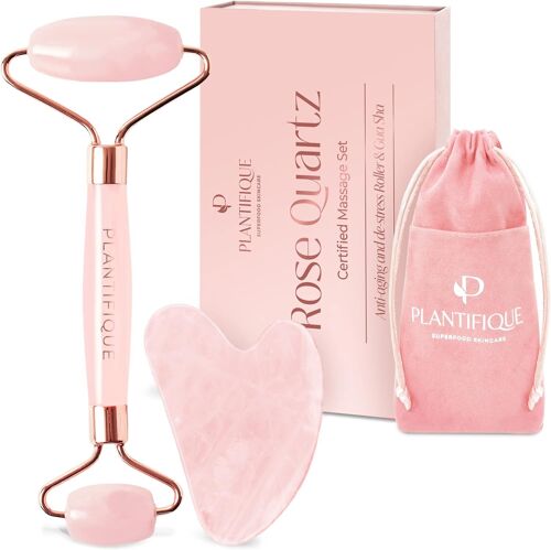 Rouleau De Quartz Rose Et Gua Sha | Massage Du Visage Avec Guasha Et Roller En Pierre Véritable | Idée Cadeau Anti-Âge Pour Femme | Masseur Pour Le Soin Du Corps