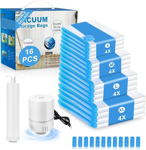 JEXNOVASHOP-Sac Sous Vide Vetement Aspirateur 16 Pièces(4 Jumbo, 4 Grand, 4 Moyen, 4 Petit) Sac Rangement Sous Vide Aspirateur Réutilisable, Sac de Rangement Sous Vide Couette Stockez Vêtements et le
