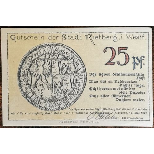 Billet Allemagne 25 Pfennig 05/1921 Rietberg Grm 1123,1 1/5