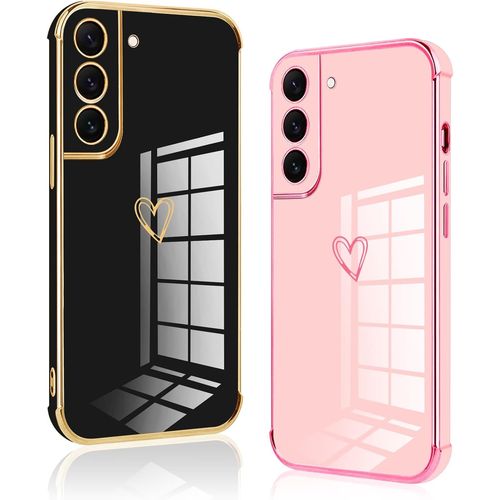 Sjzg-2 Pièces Coque Pour Samsung Galaxy S22 Plus 5g, Silicone Antichoc Housse, Étui Avec Motif Coeur Et Bordure Dorée Pour Samsung S22+, Noir Et Rose