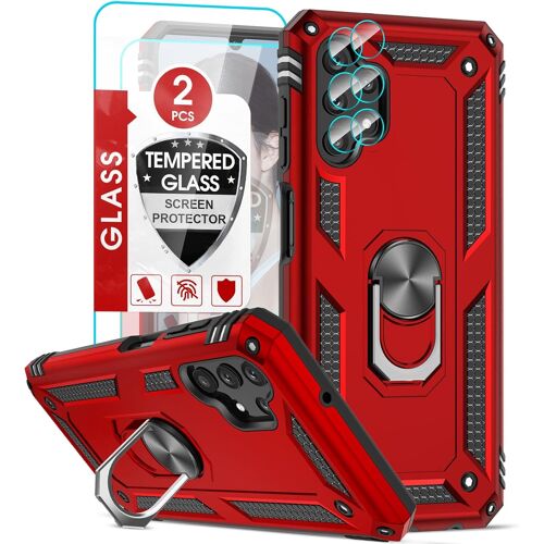 SJZG-Coque Pour Samsung Galaxy A13 4G (Pas Pour 5G) Avec 2 Verre Trempé, Anneau Support Militaire Anti-Chute Bumper Antichoc Rigide Armure Housse Etui Pour Samsung A13 4G Rouge