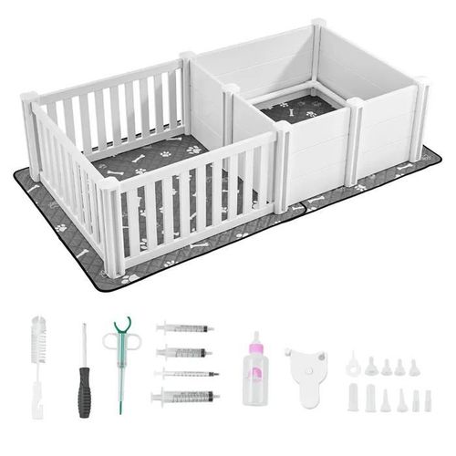 Parc De Mise Bas Pour Chien-Duoku-186,5x97x50 Cm-Enclos Pour Chiots Avec Porte Réglable-Tapis Lavable Et Structure En Pvc