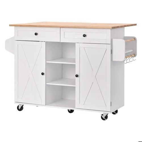 Desserte De Cuisine Sur Roulettes-Duoku-132 Cm De Large-Îlot Central Mobile Avec Plateau En Bois Massif-Pour Salle À Manger Garde