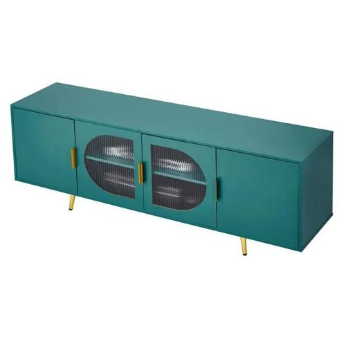 Meuble Tv Pour Téléviseur Jusqu'à 190,5 Cm-Duoku-Banc Tv Moderne Avec Portes En Verre-Pieds Dorés Et Étagères Ajustables-Solution