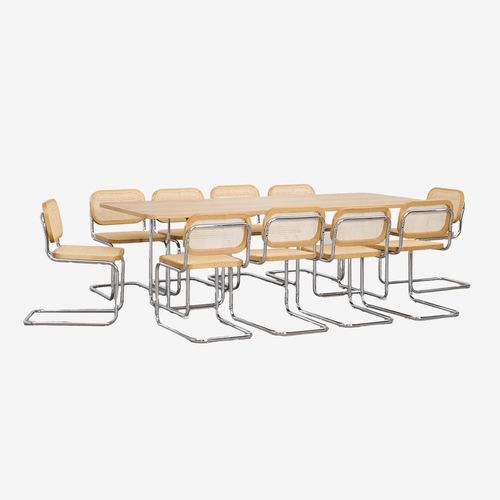 Ensemble Table Rectangulaire 240x100 Cm En Mdf Et Acier Inoxydable Et 10 Chaises De Salle À Manger En Rotin Tento Placage De Frêne