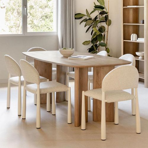 Ensemble Table Rectangulaire 200x100 Cm En Bois De Manguier Sidney Et 6 Chaises De Salle À Manger En Bouclé Nagore Bois Naturel