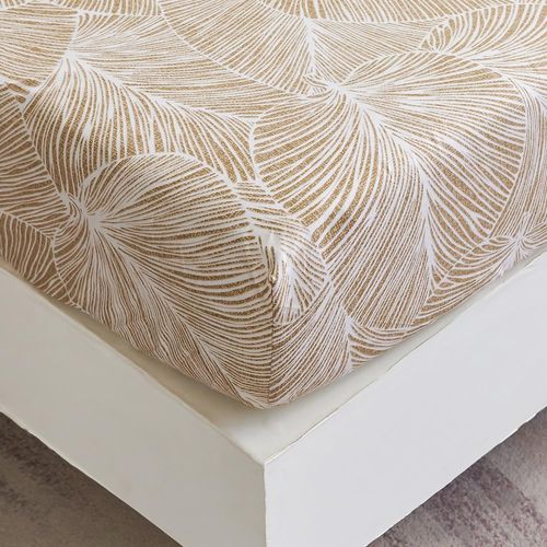 Tianyi-Drap Housse 200x220 Cm 2 Personnes Avec Grand Bonnet De 30 Cm - Drap-Housse Microfibre Doux À Motif Feuilles Tropicales - Beige