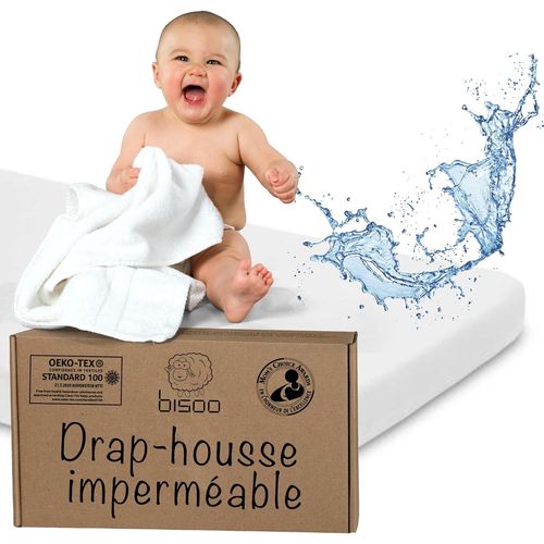Tianyi-Bisoo Drap Housse 70x160 Impermeable - 2en1 Alese Drap Housse Protege Matelas Reglable Pour Lit Enfant - Silencieux 100% Jersey Oeko - Tex 1 Drap Impermeable Blanc 160x70 Cm