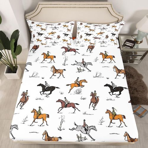 Tianyi-Drap Housse 90x190 Cheval De Course, Ensemble De Literie Sport Équestre, Draps De Lit Cavaliers Pour Enfants Adolescents, Drap-Housse Western Vintage Pour Matelas, 1 Personne