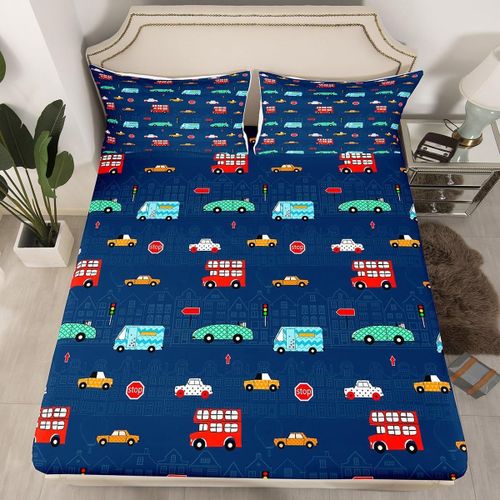 Tianyi-Drap Housse 90x190 Enfant Garçon 1 Personne, Drap-Housse Motif Voiture, Drap De Lit Voitures De Dessins Animés, Parure De Lit Véhicule Coloré Pour Matelas Jusqu'à 40 Cm - Bleu