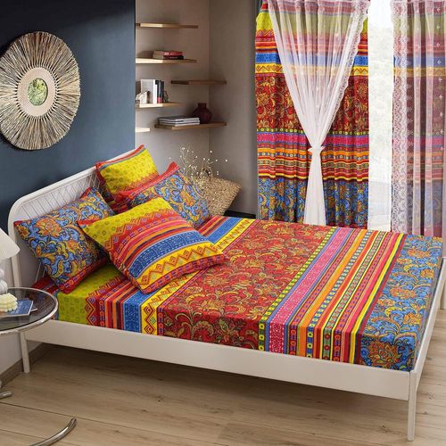 Tianyi-Drap Housse 180x200 Cm Bonnet 30-35 Cm 2 Personnes Élastique,Bohème Coloré Rouge À L'indienne En 120g/¿ Microfibre De Haute Qualité - Doux Protège Matelas