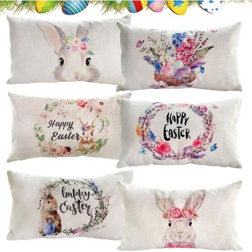 Cauc-Lot De 6 Housses De Coussin De Pâques - 30 X 50 Cm - Décoration Moderne - En Lin - Décoration De Pâques - Lapin De Pâques - Décoration De Canapé - Happy Easter