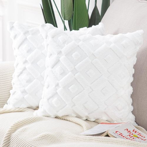 Cauc-Lot De 2 Doux Peluche Laine Courte Velours Décoratif Housses De Coussin Luxe Style Pour Canapé Chambre Blanc 45x45 Cm