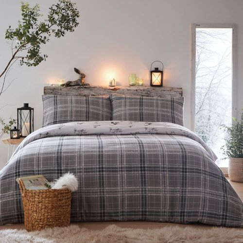 Tianyi-- Housse De Couette En Flanelle Grise Et Animaux Des Bois - 200 X 200 Cm - 2 Taies D'oreiller - 100% Coton Brossé Doux - Réversible - Housse De Couette Renard, Lapin Et Oiseau En Gris