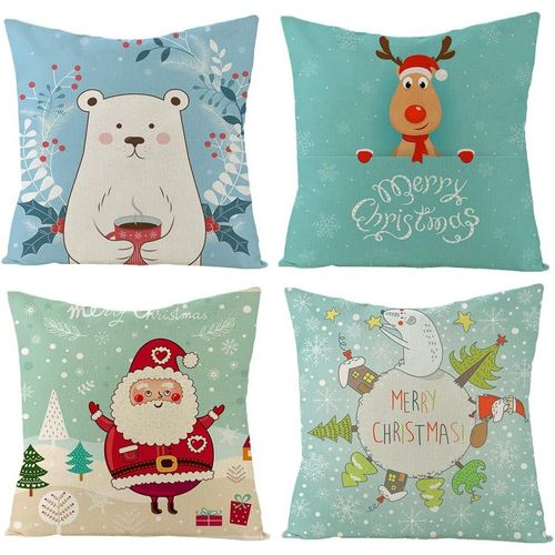 Slep-Housses De Coussin Joyeux Noël Lot De 4 En Coton Et Lin Taie D'oreiller L'hiver Père Noël Wapiti Ours Polaire Vert Modèle Décoration Pour Canapé Chambre Maison 45 X 45 Cm