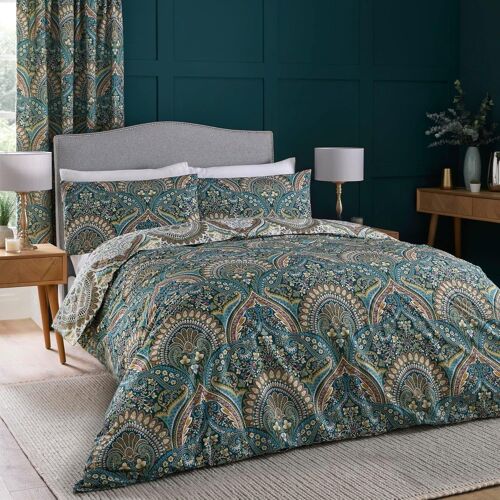 Sjzg-- Housse De Couette Jacobéenne Bleu Sarcelle - 200 X 200 Cm - 2 Taies D'oreiller - Motifs Réversibles - Literie Bohème Marocaine Bleue - Parure De Lit Persane Exotique - Literie Bohème