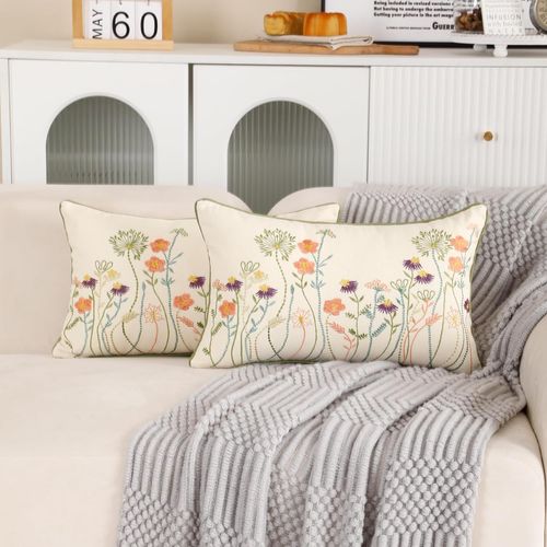 Cauc-Lot De 2 Housse De Coussin Brodées 30x50cm Taie D'oreiller En Coton Floral Fleurs Violettes Roses Deco Pour Canapé Chambre Salon Voiture Fauteuil Jardin Ferme